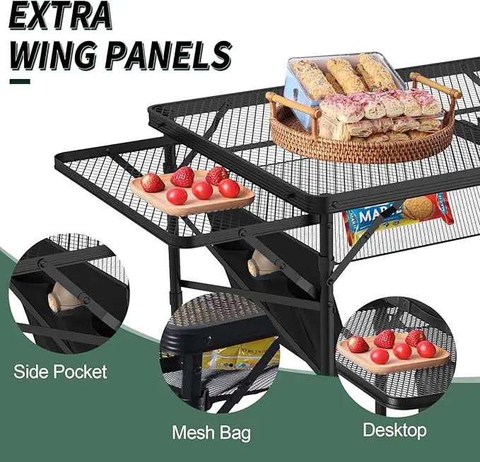 Folding Table with 2 Wing Panels, 3x2 FT Camping Table with Mesh Desktop,Height Adjustable Folding Grill Table with Mesh Bag,Portable Outdoor Table for Picnic,Camping,BBQ,Beach(Black) by GreenHaven Gardens