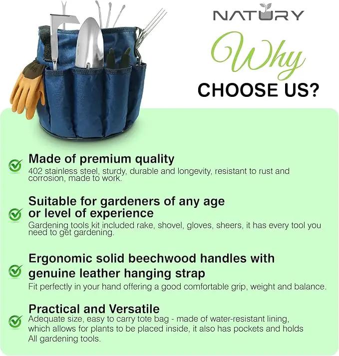Garden Tools Set – Premium Stainless Steel Gardening Hand Tools with Solid Beechwood Handle – Gardening Kit with Rake, Shovel, Gloves, Shears, Tool Organizer – Garden Gifts for Women and Men by GreenHaven Gardens