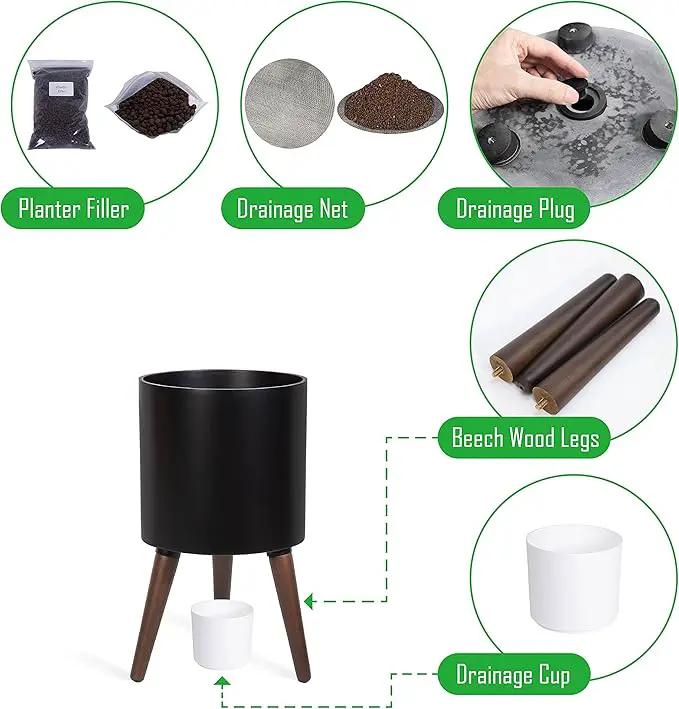 D'vine Dev 10 Inch Planter Pot with Stand, Mid-Century Tall Plant Pot with Legs for Indoor Plants, Medium, Black, 88-O-B-2 by GreenHaven Gardens