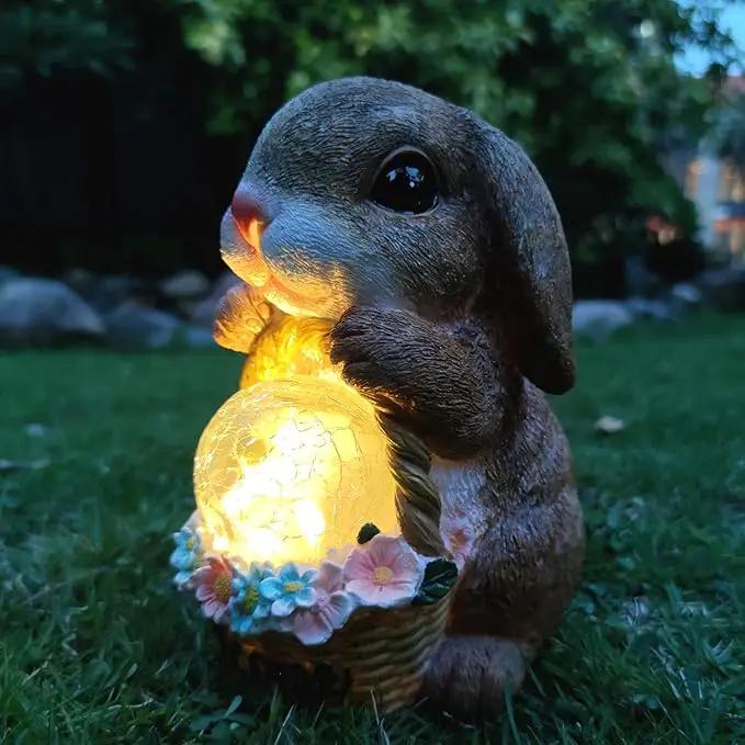 Solar Rabbit Garden Outdoor Statues,Resin Rabbit Figurine Carrying Flower Basket and Magic Orb with Solar LED Lights, Lawn Decor Outdoor Statue for Patio, Balcony, Yard Ornament by GreenHaven Gardens