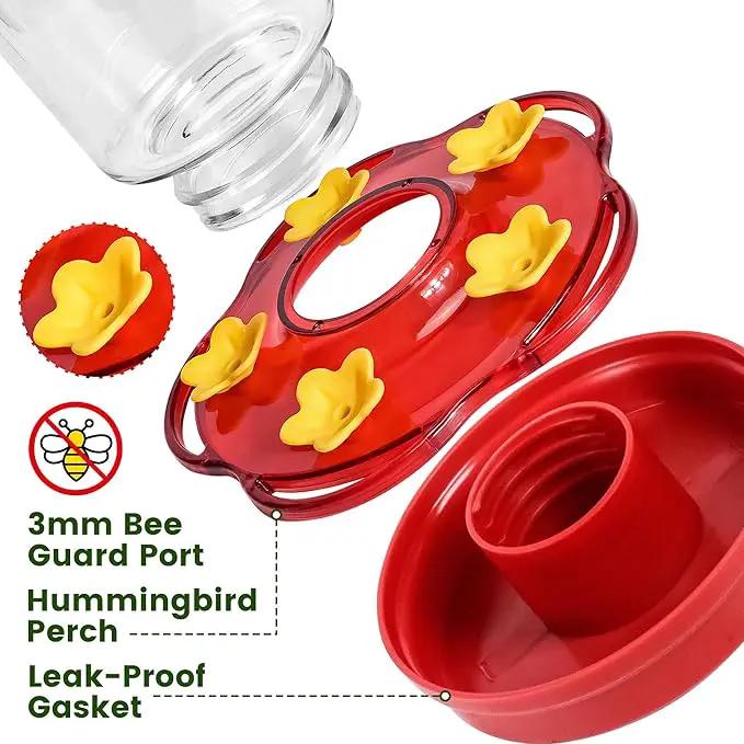 Glass Hummingbird Feeders for Outdoors Hanging Ant and Bee Proof, 1 Pack 15 Ounces Red Hummingbird Feeder with 5 Feeding Ports and Perches, Built-in Ant Moat, Outside Garden Décor (Glass, 1) by GreenHaven Gardens