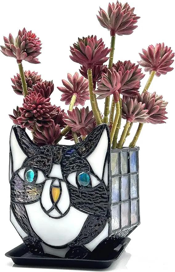 Tiffany Cute Cat Stained Glass Flower Pots,Indoor and Outdoor Plant Displays,Black Cat Plant Planter,Candle Holder Container Decoration 4.6 x 5.15 x 3 inch(Without Succulents) by GreenHaven Gardens