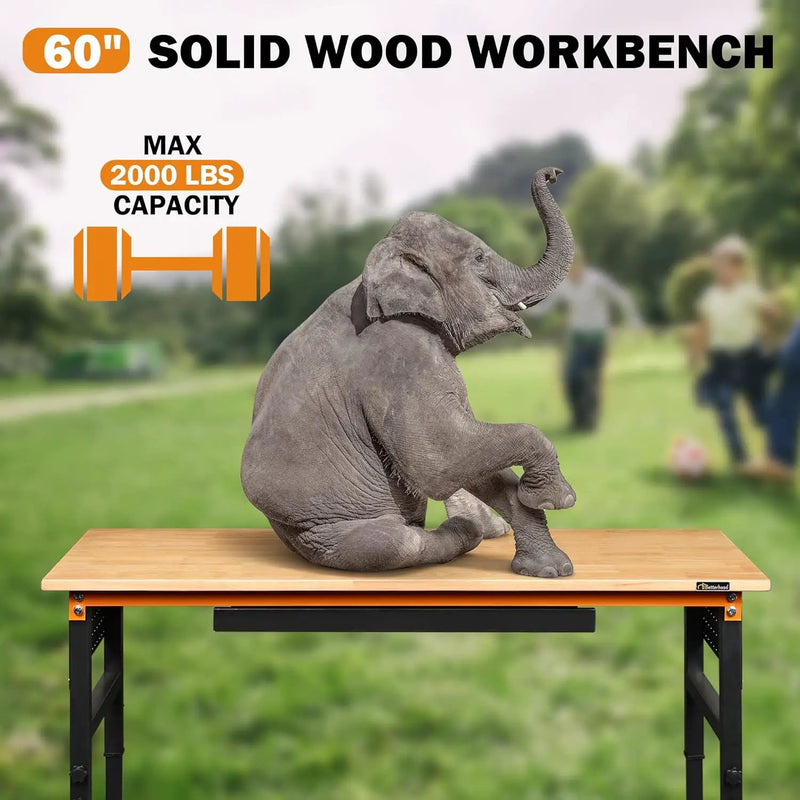 60" Heavy-Duty Adjustable Workbench for Garage, Rubber Wood Shop Table W/Double Pegboards & Drawer,Hardwood Workstation Weight Capacity Over 2000 Lbs by GreenHaven Gardens