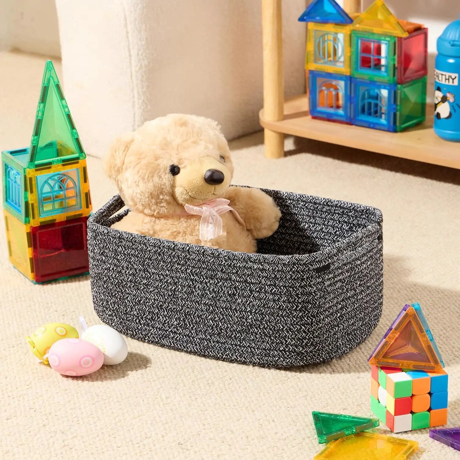 Small Storage Baskets for Organizing | Closet Organizer Bins | Shelf Toy Basket | Woven Rope Baskets | Cube Decorative Box | Shallow Basket | 13x8.5x5.1” | 4 Packs Dark Gray by GreenHaven Gardens