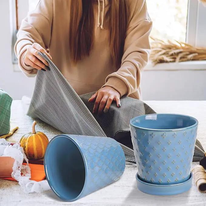 EFISPSS Plant Pots, 5 Inch Pots for Indoor Plants, Planters with Drainage Hole and Saucer, Ceramic Flower Pots Desktop Office Windowsill Decoration Gift Set of 4 - Sky Blue by GreenHaven Gardens