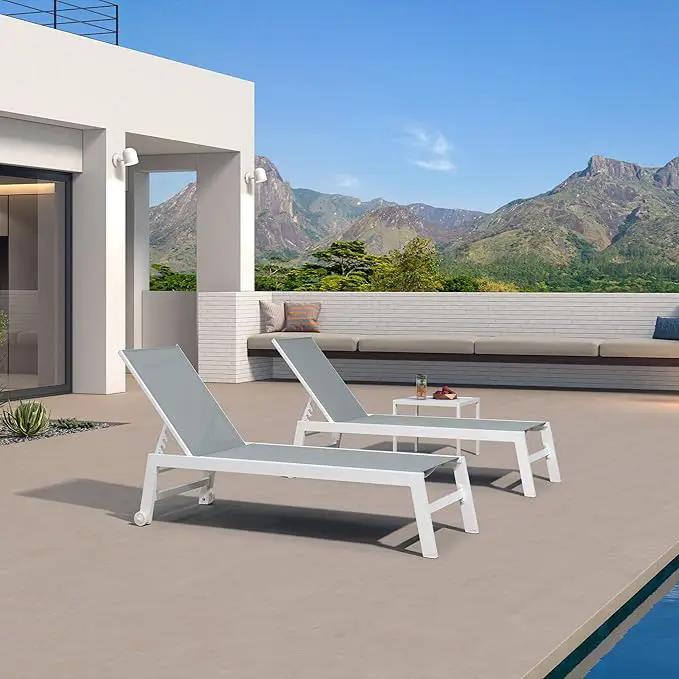 PURPLE LEAF Lounge Chair Outdoor Set of 4 White Aluminum Lounge Chairs with Wheels and Table Outdoor Chaise Lounge for Patio Pool Yard, Bluish-Gray by GreenHaven Gardens
