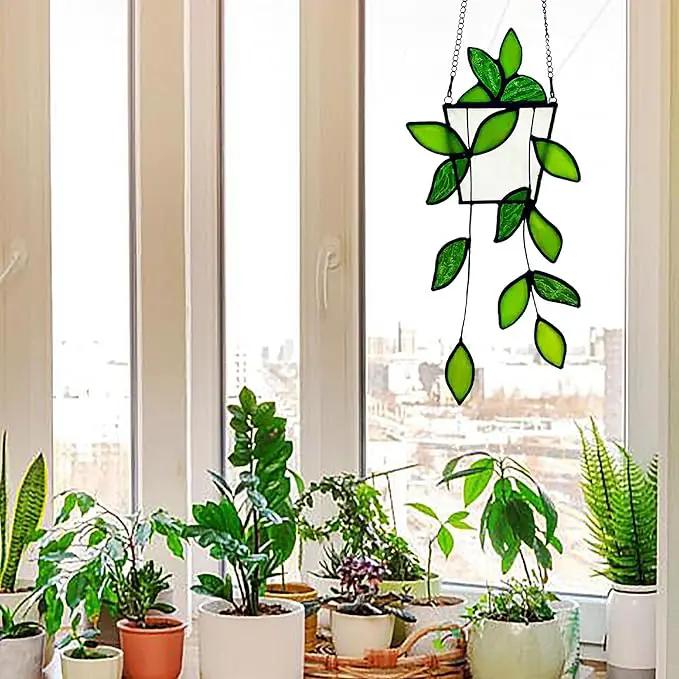 Royxen Stained Glass Window Hanging Green Plants Artificial Deocr Faux Plant Suncatchers, Gift for Plant Lover by GreenHaven Gardens
