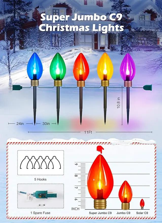 Minetom 2 Pack 11Feet 5 LED Super Jumbo Christmas String Lights or Pathway Marker Lights, Outdoor Xmas Decorations- Jumbo C9 Hanging Lights Waterproof Lawn Dec for Holiday Home Tree Roof Yard Garden by GreenHaven Gardens