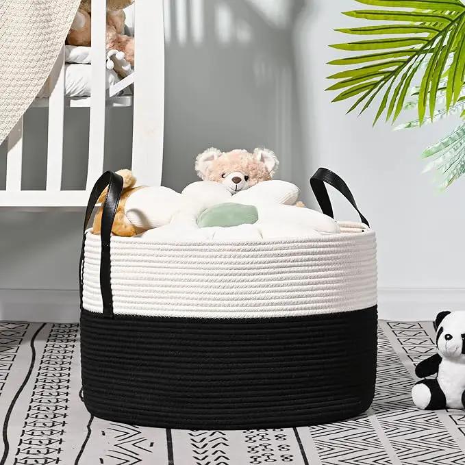 KAKAMAY Large Blanket Basket (20"x13"),Woven Baskets for storage Baby Laundry Hamper, Cotton Rope Blanket Basket for Living Room, Laundry, Nursery, Pillows, Baby Toy chest (White/Black) by GreenHaven Gardens