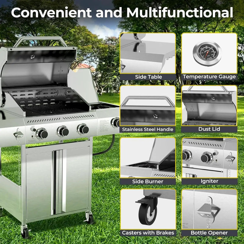 R.W.FLAME 3-Burner Propane Gas Grill With Sider Burner,304 Stainless Steel Propane Grill 34,000BTU,Multifunction & Protable Outdoor Barbecue Grill with Casters for Camping & Parties by GreenHaven Gardens