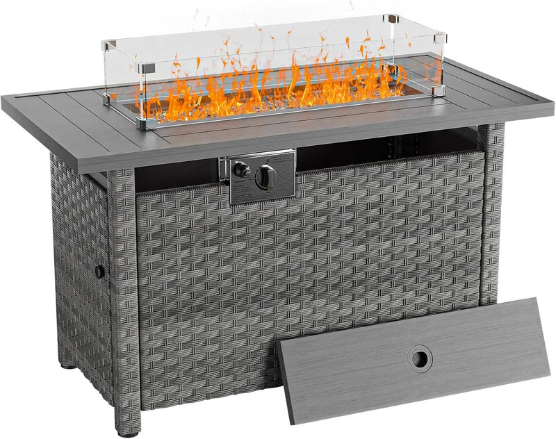 44" Fire Pit Table with Wind Guard for Outdoor, Auto-Ignition Propane Gas Firepits Rattan Rectangular Table for Outside Patio 60,000 BTU, Gray by GreenHaven Gardens