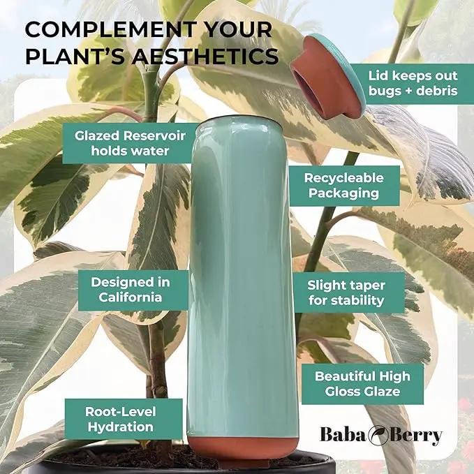 Terracotta Watering Spikes 2 Pack 17.5oz Capacity Plant Watering Devices Self Watering Spikes Large Plant Watering Globes Self Watering Planter Insert AcquaTerra with Root Dibber Installer by GreenHaven Gardens