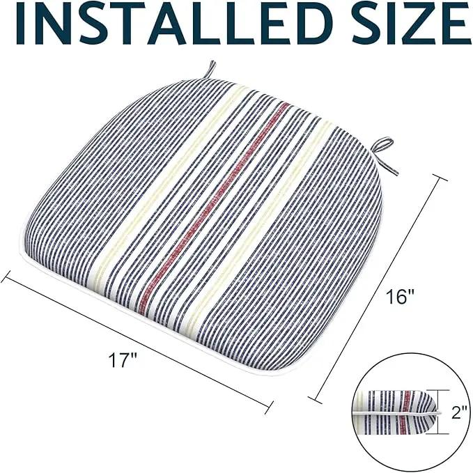 Indoor/Outdoor Chair Cushions 16x17 Inch, Patio Chair Cushions with Ties, All Weather Seat Cushions for Patio Furniture Home Garden Chair Use, Set of 4, Stripe Denim Blue by GreenHaven Gardens