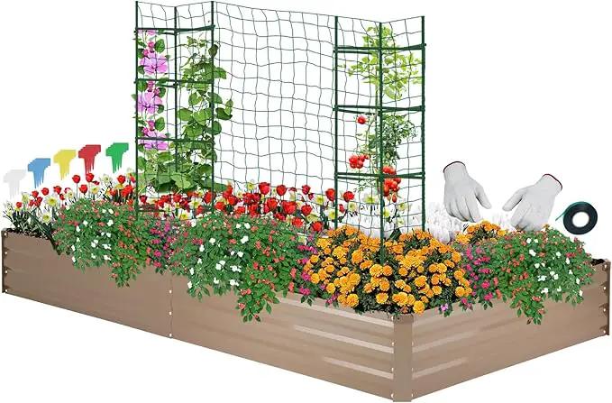 ONCEMORE Galvanized Raised Garden Bed for Vegetables Flowers Herbs, Metal Raised Garden Bed Kit with 2 PCS Tomato Cage, Gloves, Trellis Netting, Plant Labels, Plant Ties, Brown 8×4×1FT by GreenHaven Gardens