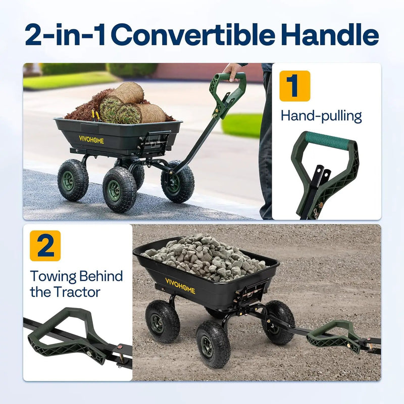 VIVOHOME 4 Cu.Ft 660lbs Wheelbarrow Garden Cart Dump Wagon with 2-in-1 Convertible Handle Attach to ATV or Tractor, 10" All Terrain Wheels, Quick Release System, Heavy Duty Utility Trailer for Yard by GreenHaven Gardens