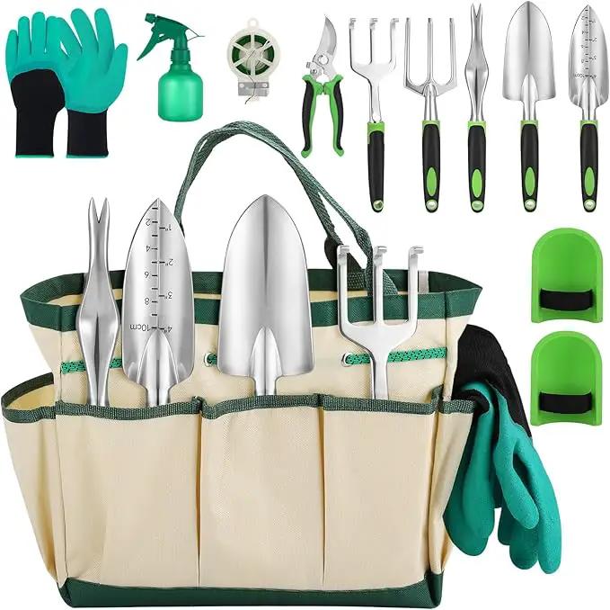 Garden Tool Set, 11 Piece Stainless Steel Heavy Duty Gardening Supplies with Green Black Handle Outdoor Weeding Gifts for Women by GreenHaven Gardens