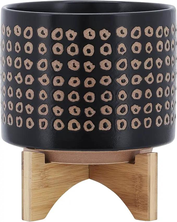 Sagebook Home 9.25" H 8" Diameter Natural Sand and Deep Brown Glazed Ceramic Dotted Planter on Brown Rubberwood Stand for Indoor and Outdoor Decorating by GreenHaven Gardens