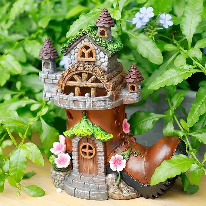 FORUP 10 Inch Fairy House Garden Statues with Boots, Fairy Garden Decor House Kit, Solar Powered Lights Garden Figurine for Outdoor Patio Lawn Yard Garden Decorations by GreenHaven Gardens
