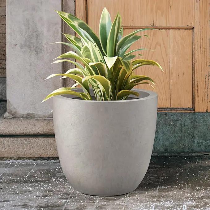 Kante 18 Inch Diameter Round Concrete Planter, Indoor Outdoor Large Plant Pot with Drainage Hole and Rubber Plug for Home Patio Garden, Buff Concrete by GreenHaven Gardens