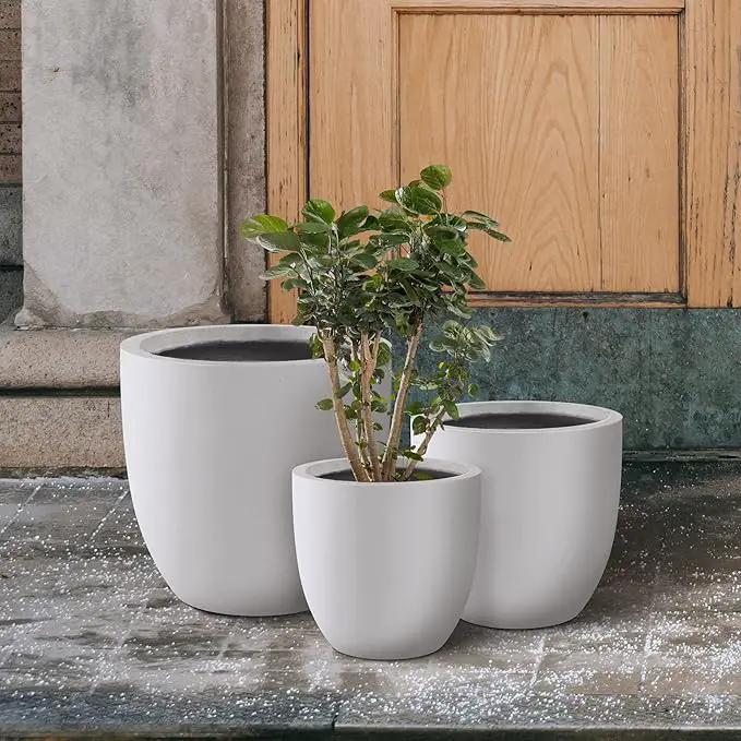 Kante 18",14",10" Dia Concrete Round Planters (Set of 3), Outdoor Indoor Large Planter Pots with Drainage Hole and Rubber Plug for Home Patio Garden, Pure White by GreenHaven Gardens
