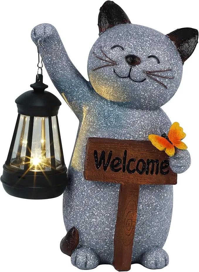 Juegoal Garden Statue Solar Cat Figurine with Lantern, 10" Resin Kitten Outdoor Lawn Porch Yard Art, Lighted Christmas Birthday Gifts for Mom Grandma by GreenHaven Gardens