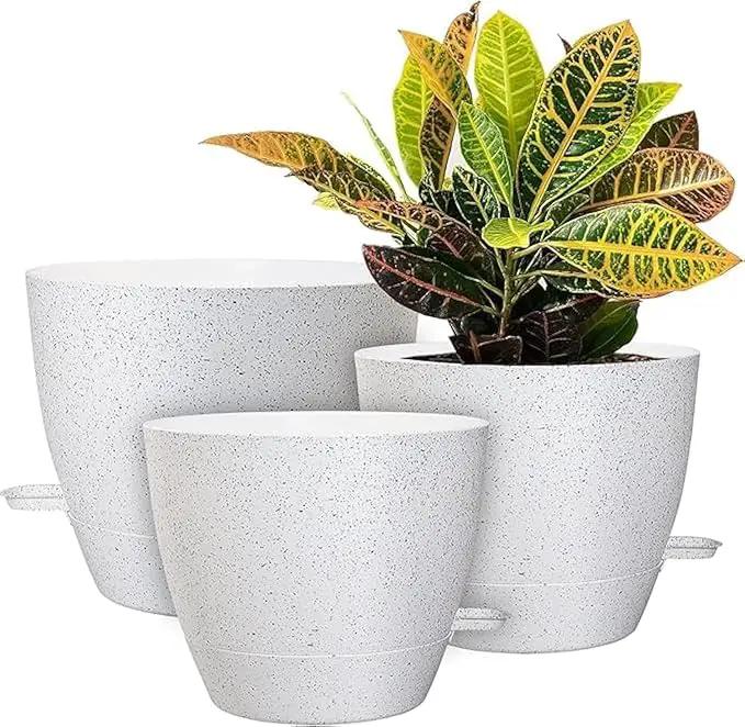 10/9/8 inch Self Watering Pots, Set of 3 Plastic Planters with Mesh Drainage Holes and Deep Reservoir for Indoor Outdoor Garden Plants and Flowers, White Speckles by GreenHaven Gardens