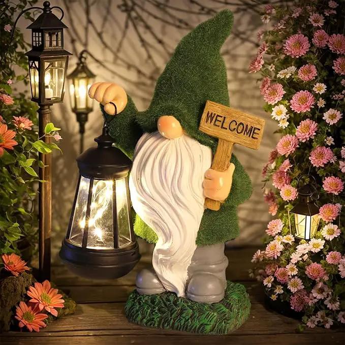 Garden Gnome Statue Solar Light Outdoor Decorations Figurine Welcome Sign with Lantern Sculpture Garden Decor Lawn Patio Yard Porch Outside Housewarming Gifts for Women Mother's Day Grandma by GreenHaven Gardens