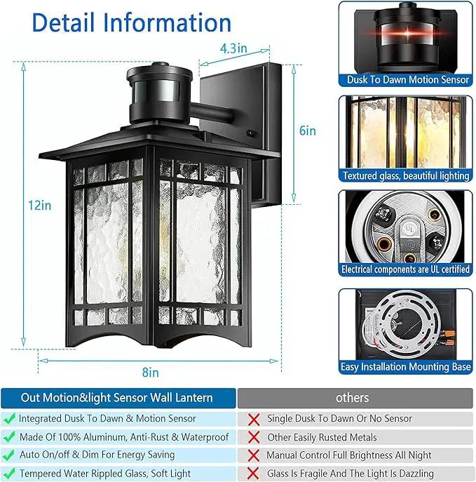 Motion Sensor Outdoor Lights, Dusk to Dawn Light Fixture, Black Wall Sconce Lighting, Front Porch Light, Exterior Lights for House Patio, Outside Door Wall Mount Anti-Rust Lantern by GreenHaven Gardens