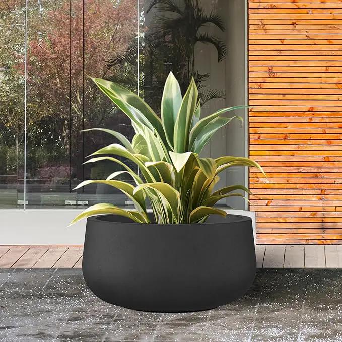 Kante 11.8" Dia Round Concrete Planter, Cement Plant Pots with Drainage Hole and Rubber Plug for Outdoor Indoor Garden Home, Modern Curvaceous Design, Black by GreenHaven Gardens