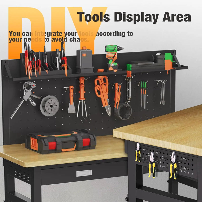 TITIMO 60" Adjustable Workbench with Drawers, Work Benches for Garage with Pegboard, 2000 LBS Heavy Duty Rubber Wood Tabletop with Power Outlet, Rolling Work Table with Wheels for Workshop, Office by GreenHaven Gardens