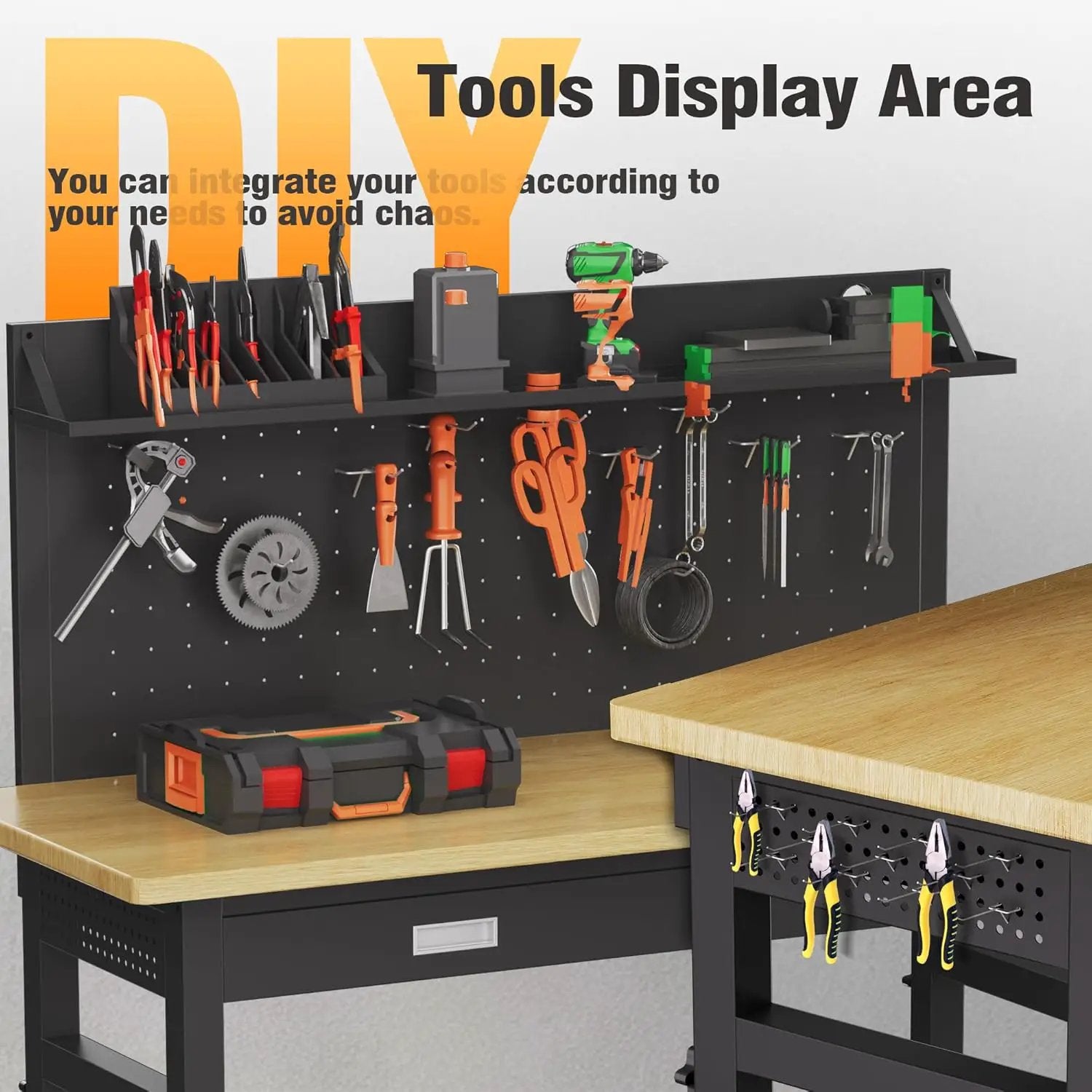 60" Heavy Duty Work Bench with Drawers, Adjustable Height 2000 Lbs Garage Workbench with Pegboard Pad & Power Outlets & Wheels, Mobile Tool Work Table for Workshop Woodworking Home Office by GreenHaven Gardens