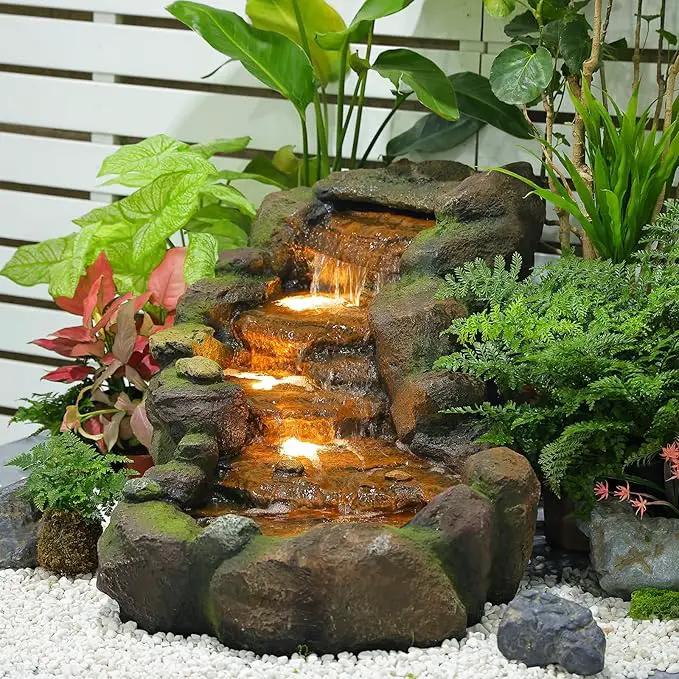 Garden Outdoor Water Fountain, 42.1" L Floor Standing Tiered Rock Outdoor Fountains with LED Lights and Pump for Garden, Backyard, Deck, Patio, Porch and Home Art Decor by GreenHaven Gardens