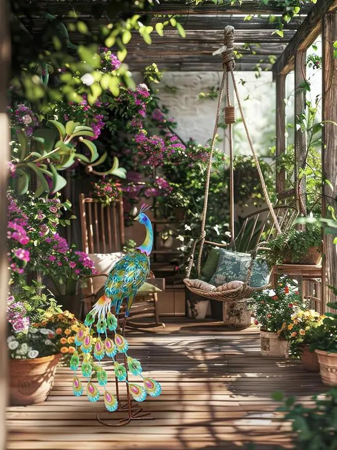 YEAHOME Garden Decor Outdoor Statues, 34" Large Metal Peacock Standing Yard Art, Blue Green Bird Lawn Sculptures Garden Decor for Outside Patio Porch Backyard by GreenHaven Gardens