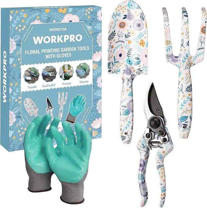 WORKPRO Aluminum Garden Tool Set, 4PCS Heavy Duty Hand Garden Tools with Box Include Trowel, Rake, Pruner, Garden Gloves, Garden Gifts by GreenHaven Gardens