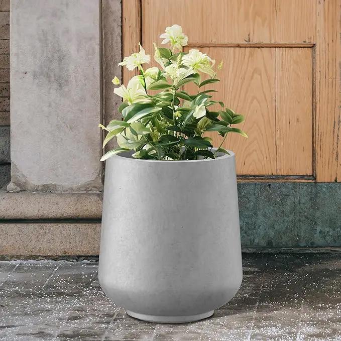 Kante 11.6" Dia Round Concrete Planter, Outdoor Indoor Large Plant Pots Containers with Drainage Hole and Rubber Plug for Home Garden Patio, Natural Concrete by GreenHaven Gardens