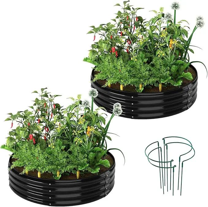 Galvanized Metal Planter Round Raised Garden Bed Kit for Gardening Outdoor，2x2x1ft 2pc Grow Garden Box Raised Flower Bed，Round Galvanized Planter Outdoor Metal Fire Pit Ring Black by GreenHaven Gardens