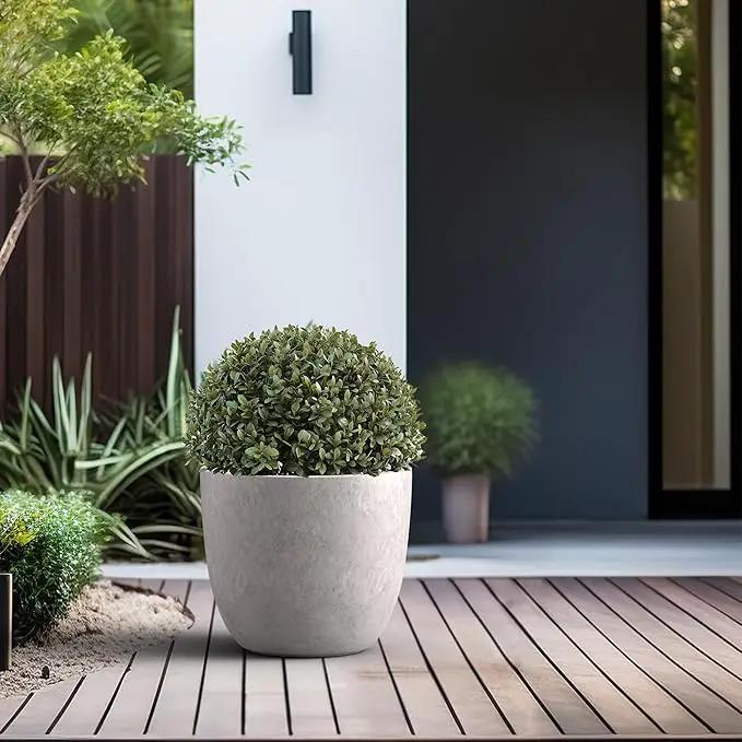 Kante 14 Inch Dia Round Concrete Planter, Indoor Outdoor Large Plant Pot with Drainage Hole and Rubber Plug for Home Patio Garden, Light Gray by GreenHaven Gardens