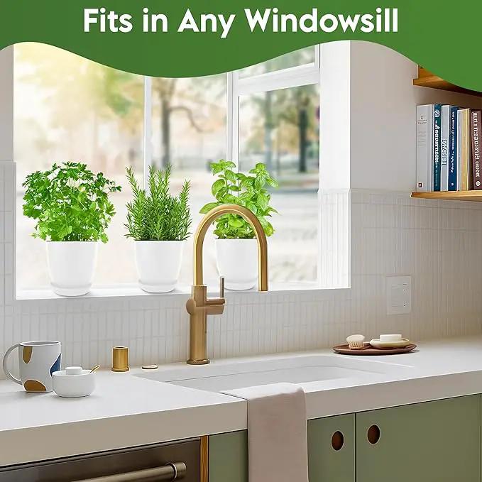 Indoor Garden Kit - Plant Pots with Drainage, Watering Can & Tools - Ideal Windowsill Planter Set - Modern Home & Kitchen Decor Gift - White by GreenHaven Gardens