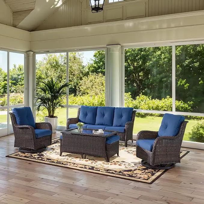 Wicker Outdoor Furniture Patio Furniture Set - 6 Piece Patio Conversation Set with Swivel Rocker Chairs, Rattan Sofa, Ottomans and Coffee Table, Blue Cushion by GreenHaven Gardens