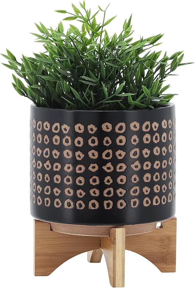 Sagebook Home 9.25" H 8" Diameter Natural Sand and Deep Brown Glazed Ceramic Dotted Planter on Brown Rubberwood Stand for Indoor and Outdoor Decorating by GreenHaven Gardens
