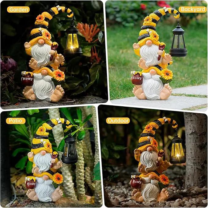 Solar Bee Garden Gnomes with LED Lantern – Waterproof Stacked Outdoor Decor for Yard, Patio – Unique Gnome Gift for Mom, Grandma, Women (Weatherproof Resin Outdoor Statues) by GreenHaven Gardens