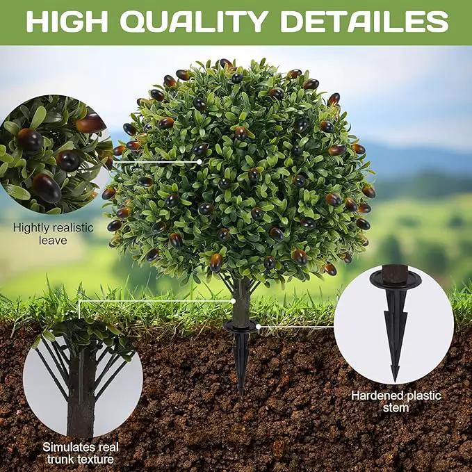 Artificial olive Topiary Ball Tree 24" with Ground Spike, Set of 2 Artificial Boxwood Bushes for Faux Shrubs, Fake Evergreen Faux Plant for Indoor Outdoor Porch Garden -UV Resistant–Fade-Proof by GreenHaven Gardens