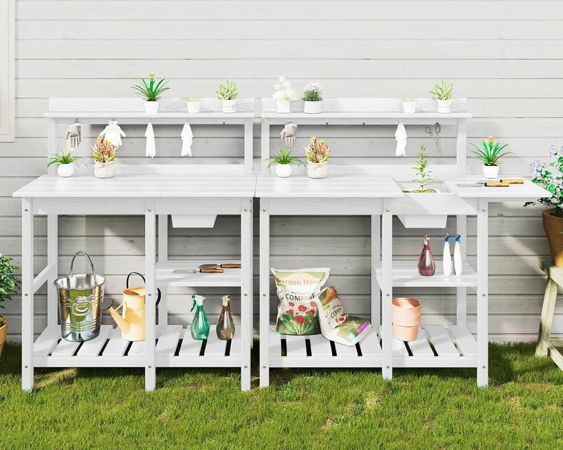 SERWALL Potting Table Set of 2 for Outside All Weather Use- White by GreenHaven Gardens