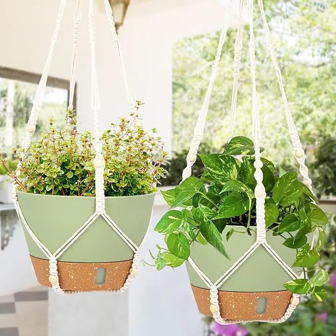 QCQHDU 2 Pack Hanging Planters for Indoor Plants, Outdoor Hanging Baskets, Self Watering Pots with Drainage Holes & Removable Tray (Green, 8 inch, Macrame Hanger) by GreenHaven Gardens
