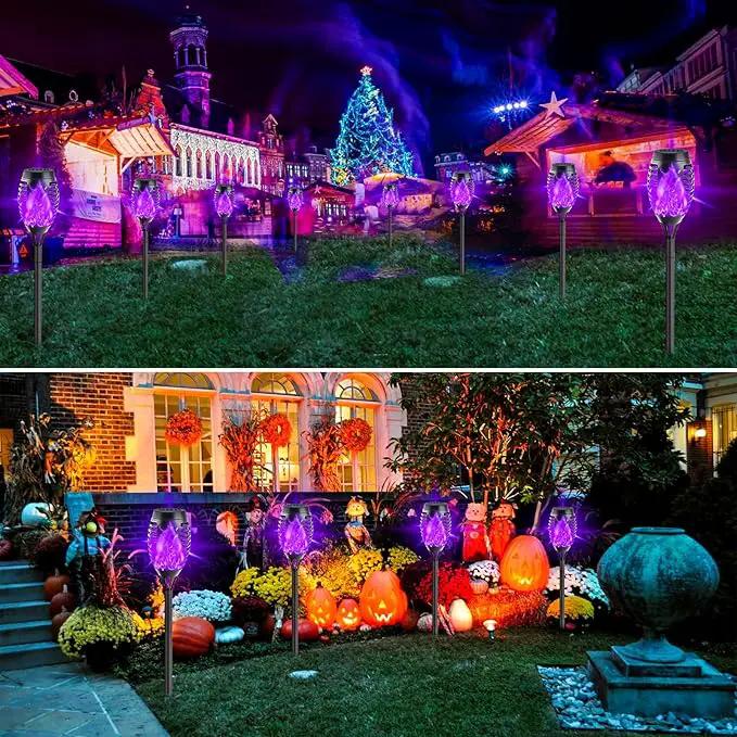 12-Pack Solar Lights Outdoor Waterproof,Halloween Decorations Solar Tiki Torches with Flickering Flame (Upgraded Super Bright),Halloween Solar Lights for Outside Patio Yard Porch Garden Decor （Purple） by GreenHaven Gardens