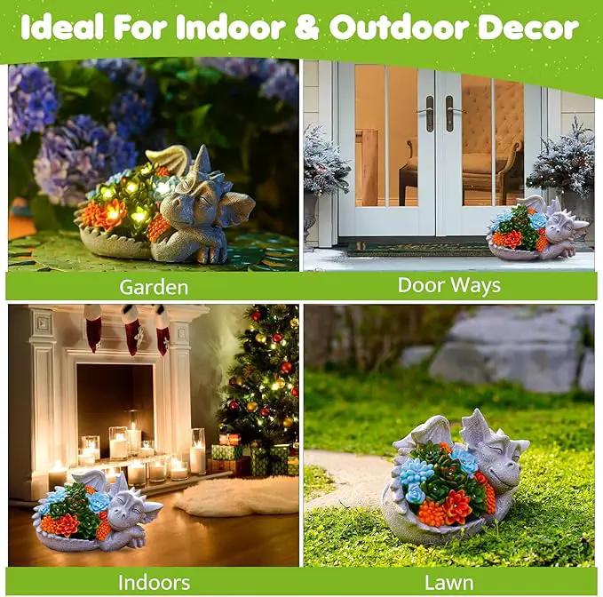 Solar Dragon Statue with Succulent Lights - Dragon Garden Sculptures & Statues，Garden Decor for Outdoor Yard Art Ornaments 9.1inch (Gray) by GreenHaven Gardens