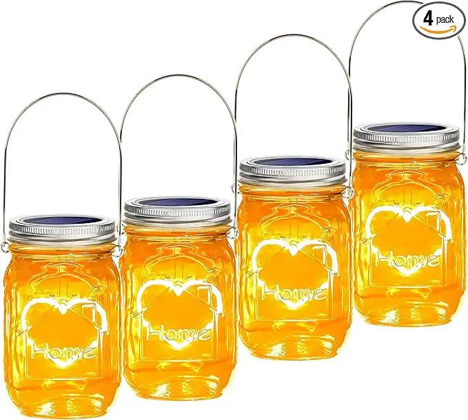 Hanging Solar Mason Jar Lights, 4 Pack Warm Heart Shape Led Lights, Solar Powered Lanterns Outdoor Waterproof, Hangers and Jars Included, Gift for Lover, Home Party Wedding Garden Patio Decor (4) by GreenHaven Gardens