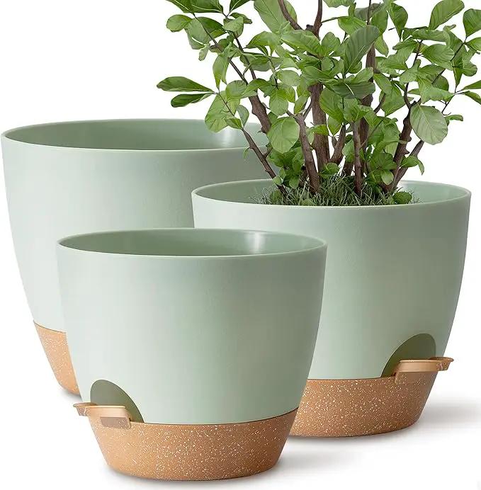 Plant Pots 12/10/9 inch Set of 3, Self Watering Flower Pots Indoor Outdoor, Planters with Drainage Hole Saucer Reservoir, Green by GreenHaven Gardens