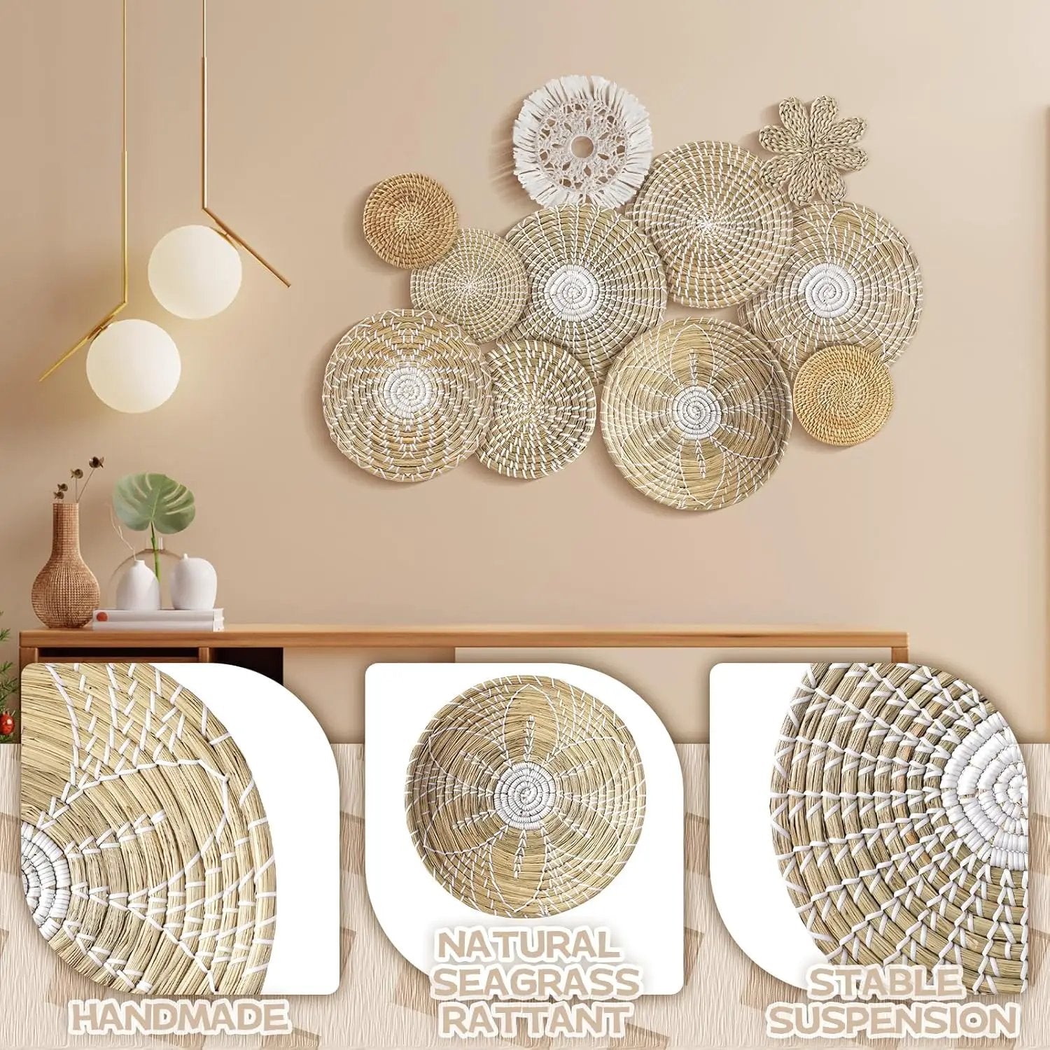11 Pcs Boho Hanging Wall Basket Decor Handmade Woven Basket Wall Decorative Boho Wicker Baskets Placemats Round Farmhouse Bulrush Art for Rustic Home Decorations Christmas Gift(Fresh) by GreenHaven Gardens