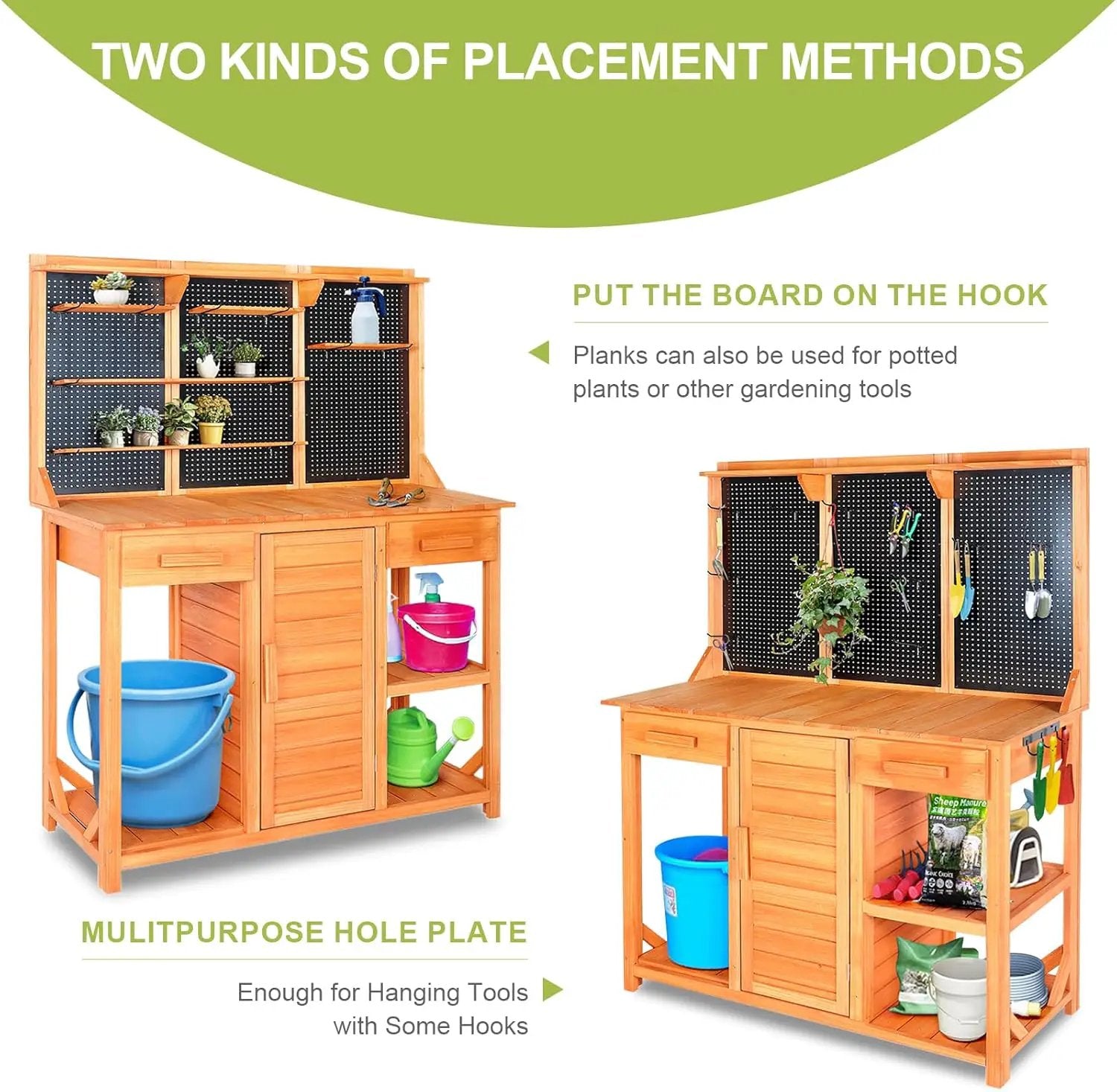 Outdoor Garden Potting Bench, Horticultural Wooden Workstation Table with Storage Drawer, Cabinet, Metal Pegboard, Adjustable Hooks and Shelves for Backyard, Patio, Greenhouse by GreenHaven Gardens
